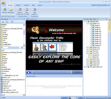 Avec Flash Decompiler Trillix vous pouvez explorer facilement n'importe quel SWF et voir de quoi il se compose