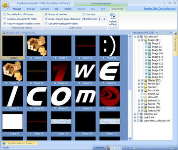 Configuration détaillée de la conversion SWF en FLA (motion tweens, bibliothèque, format FLA, AS et d'autres paramètres)