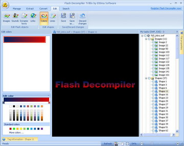 Édition des couleurs de formes dans SWFs ou EXEs, prévisualisation et enregistrement de résultat avec Flash Decompiler Trillix