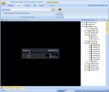 Extrait les sons depuis le fichier SWF vers MP3, WAV, SWF ou FLA