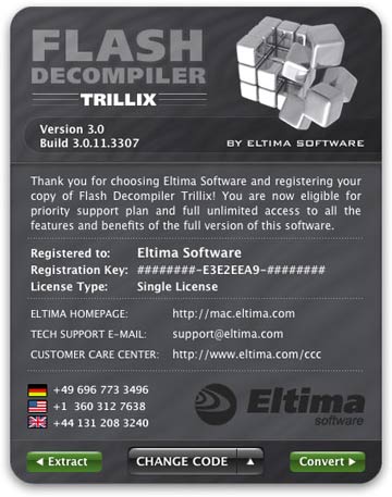 Le dialogue " À propos de" est utilisé pour rassembler l'information à propos des versions et des mises à niveau de Flash Decompiler et vous aide à enregistrer votre copie de Flash Decompiler Trillix.