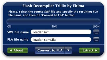 C'est une capture écran de Flash Decompiler Trillix pour Mac fonctionnant dans le <strong>mode Simple</strong> (comme Converter), vous pouvez sélectionner le fichier SWF source et spécifier seulement le nom du fichier FLA résultant comptant sur les paramètres de conversion par défaut. Cela vous permet de vous concentrer sur le traitement par lots, laissant de côté tous les paramètres de conversion. Ce mode est également commode pour les débutants, qui ne veulent pas fouiller profondement dans la signification des paramètres de conversion.