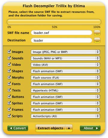 Flash Decompiler pour Mac, à partir de la version Trillix, vous permet d'extraire tous les objets présents dans le fichier SWF dans les formats de fichier différents pour les éditer et utiliser ensuite dans d'autres applications. Le mode avancé vous permet de sélectionner tous les objets nécessaires à extraire et les formats de fichiers cibles après l'extraction.