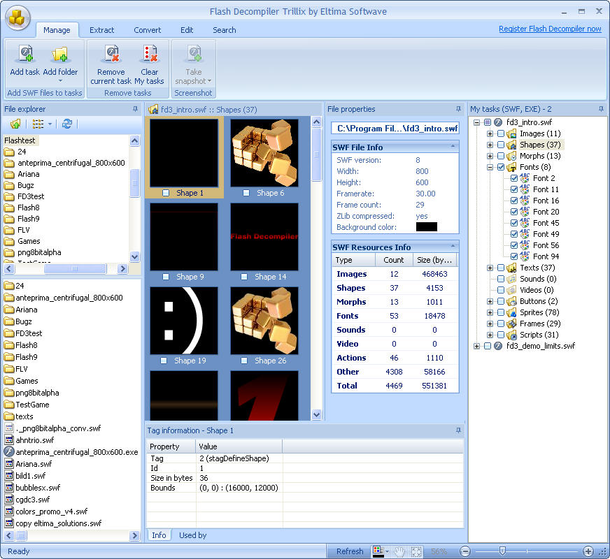 Flash Decompiler Trillix offers Interactive thumbnails category view for more comfortable and detailed preview