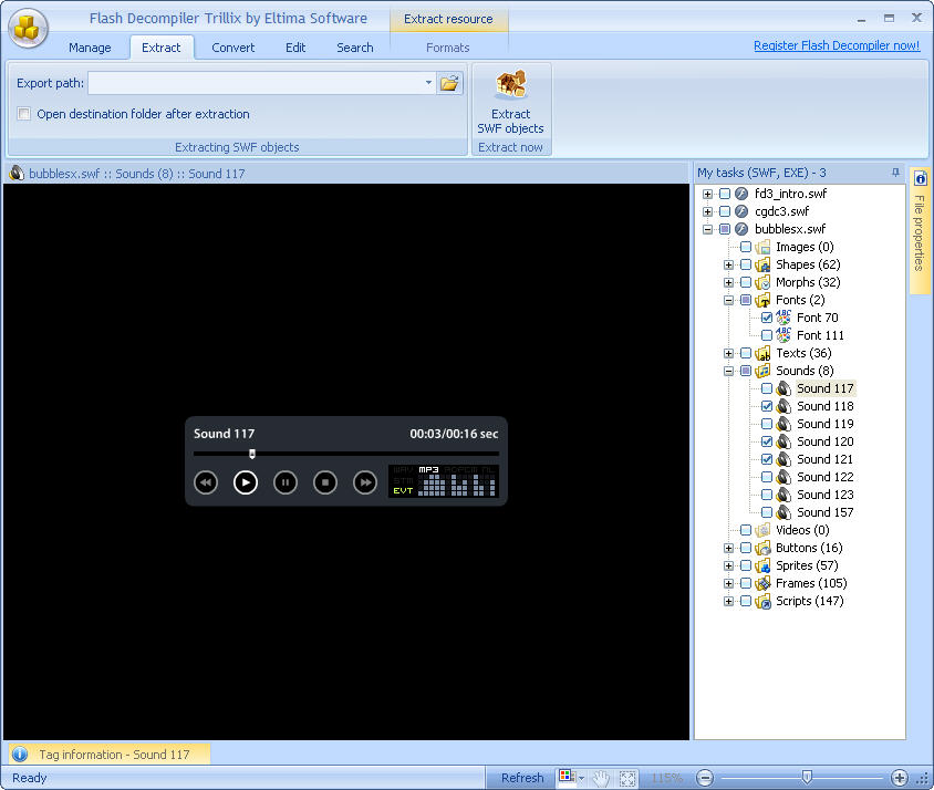 Extract sounds from SWF file into MP3, WAV, SWF or FLA