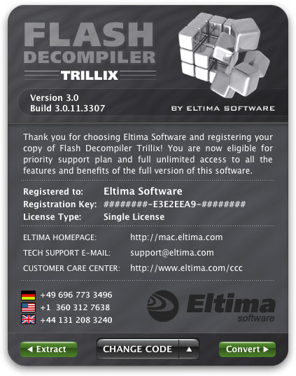 "About" dialog is used for gathering information about Flash Decompiler's version and build and helps you register your copy of Flash Decompiler Trillix.