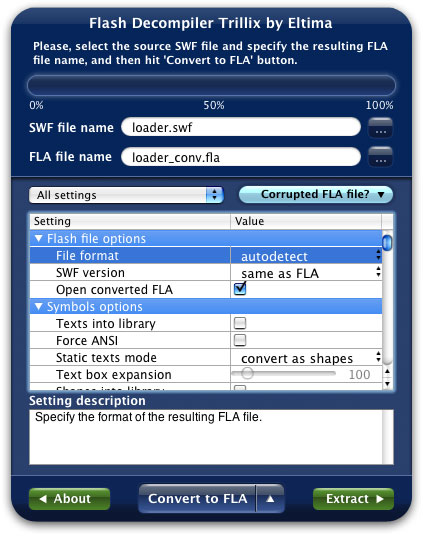 Here's how Flash Decompiler Trillix looks in <strong>Advanced mode</strong> (as Converter), this mode endows users with full control over conversion parameters. It is a great feature for those, who want to experiment with all available settings (Flash file options, Symbols options, Motion Tween, ActionScript, etc) to get the desired result, view brief options description and select settings presets to help in resolving issues with file conversion if you need to.