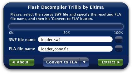 This is the screenshot of Flash Decompiler Trillix for Mac working in <strong>Simple mode</strong> (as Converter), you can select the source SWF file and specify the name of the resulting FLA file only, relying on default conversion parameters. It allows you to focus on batch processing, leaving all conversion settings aside. This mode is also convenient for beginners, who don't want to dig deep into conversion parameters meaning.