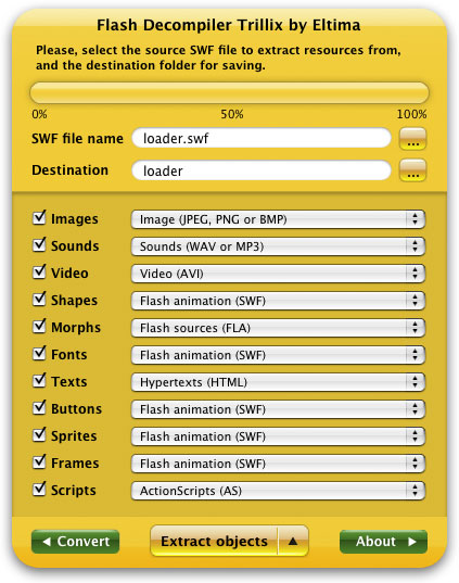 Flash Decompiler pour Mac, à partir de la version Trillix, vous permet d'extraire tous les objets présents dans le fichier SWF  dans les formats de fichier différents pour  les éditer et utiliser ensuite dans d'autres applications.  Le mode avancé vous permet de sélectionner tous les objets nécessaires à extraire et les formats de fichiers cibles après l'extraction.