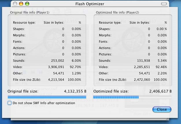 Flash Optimizer supplies detailed information about your SWF files - find out what needs to be compressed most of all.