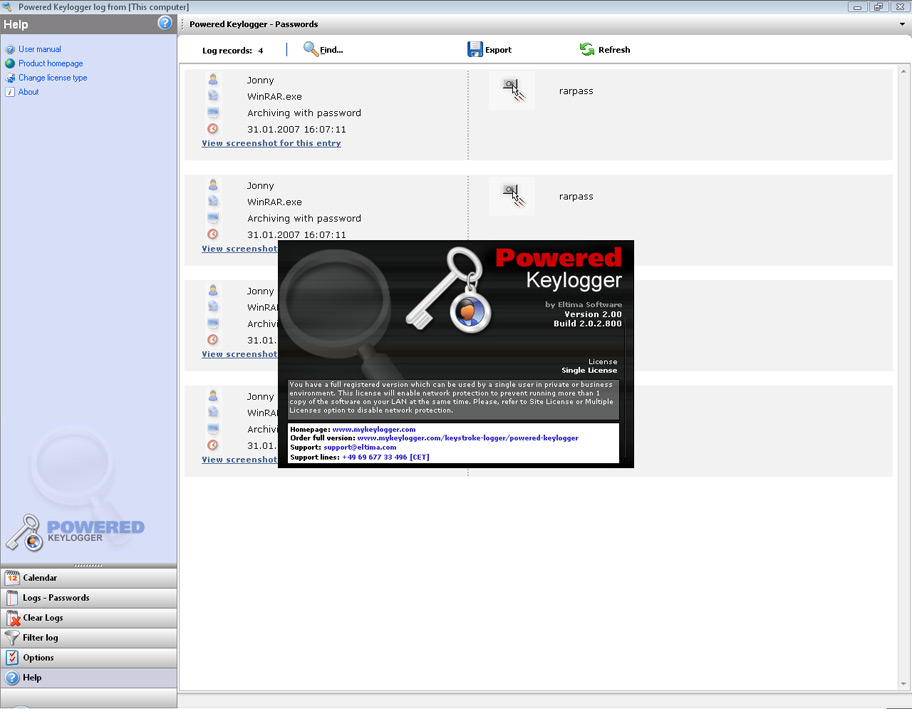  Powered Keylogger features a unique method of unhiding the logs viewer, which is a configuration utility at the same time.