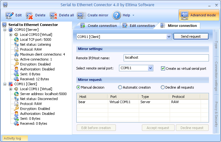 Serial to Ethernet Connector ermöglicht die Erstellung der Fernverbindungen Agent-Free, man muss nur die Anfragen der Mirror-Verbindung auf dem Ferncomputer aktivieren und die Erstellung der Verbindungen vom Hauptdesktop beginnen
