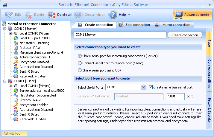 Mit dem Serial to Ethernet Connector kann man lokale serielle Schnittstellen problemlos freigeben, neue Schnittstellen für die Freigabe erstellen, Fernschnittstellen über LAN oder Internet verbinden oder Schnittstellen mit Hilfe von UDP freigeben!