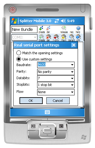 Since version 3.0 you can easily manipulate real serial port settings such as baudrate, parity, etc, to be used by Serial Splitter Mobile.