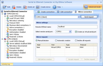 Serial to Ethernet Connector lets you create remote connections agent-free, just enable mirror connection requests on remote end and initiate connections creation from your main desktop!