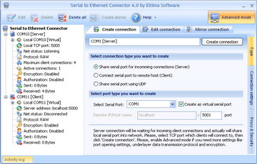 With Serial to Ethernet Connector you can easily share local serial ports, create virtual serial ports for sharing, connect to remote serial ports over LAN or Internet, and share serial ports using UDP!