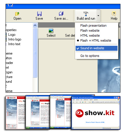 Just with a single click you can create 4 unique award-winning multimedia projects: Flash presentation, Flash website, HTML website or both! 