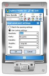 Seit der Version 3.0 kann man die Einstellungen der realen seriellen Schnittstelle wie die Baud-Rate, Parität usw. leicht manipulieren, um diese Einstellungen dem Serial Splitter Mobile für die Nutzung bereitzustellen.