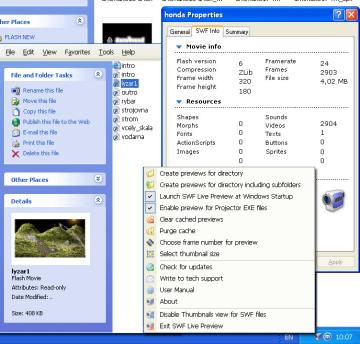 Sobald SWF Live Preview installiert worden ist, kann man Vorschaubilder sowohl von SWF als auch von Projector EXE Dateien  erstellen und durchschauen, Informationen wie Flash – Version, Anzahl von Frames, Shapes usw. bekommen. 