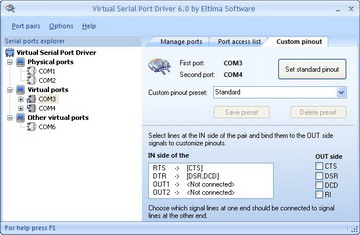 Modify standard serial port pinout and apply it to any virtual serial port pair, or select a preset: loopback or custom. Easily customize pinout according to the needs of your specific application!