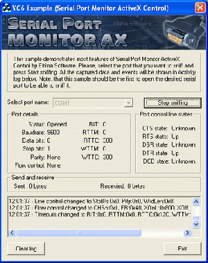 Serial Port Monitor ActiveX, monitor serial port, com port monitoring component, develop rs232 monitoring application, serial po