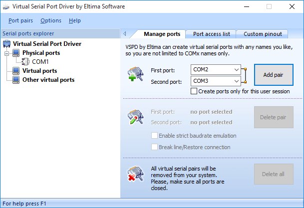 Virtual Serial Port Driver allows creating virtual serial port pairs on PC