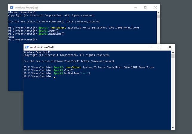  Communication between two ports with 2 instances of PowerShell
