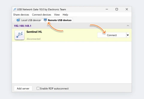 Connect to the shared USB device