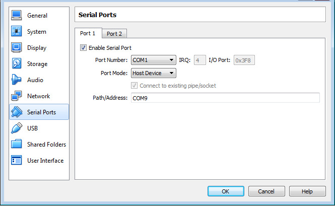 puertos seriales en configuración de VirtualBox
