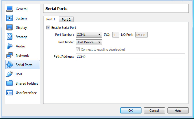 serielle Ports in VirtualBox-Einstellungen