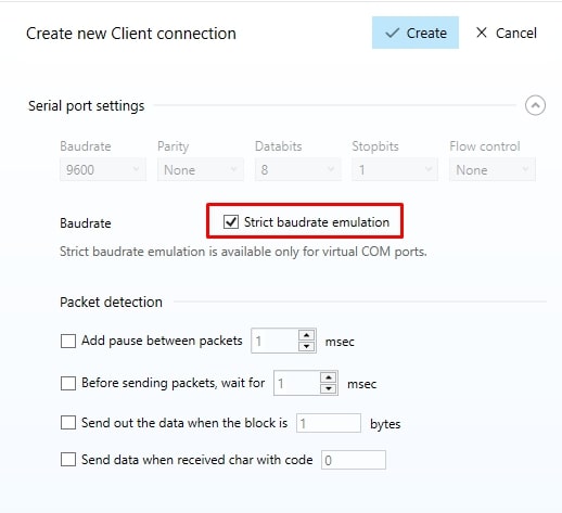 Check Strict baudrate emulation in the Serial port settings