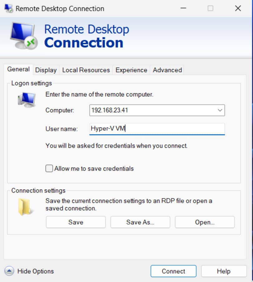  Go back to the General settings tab and connect to your virtual machine