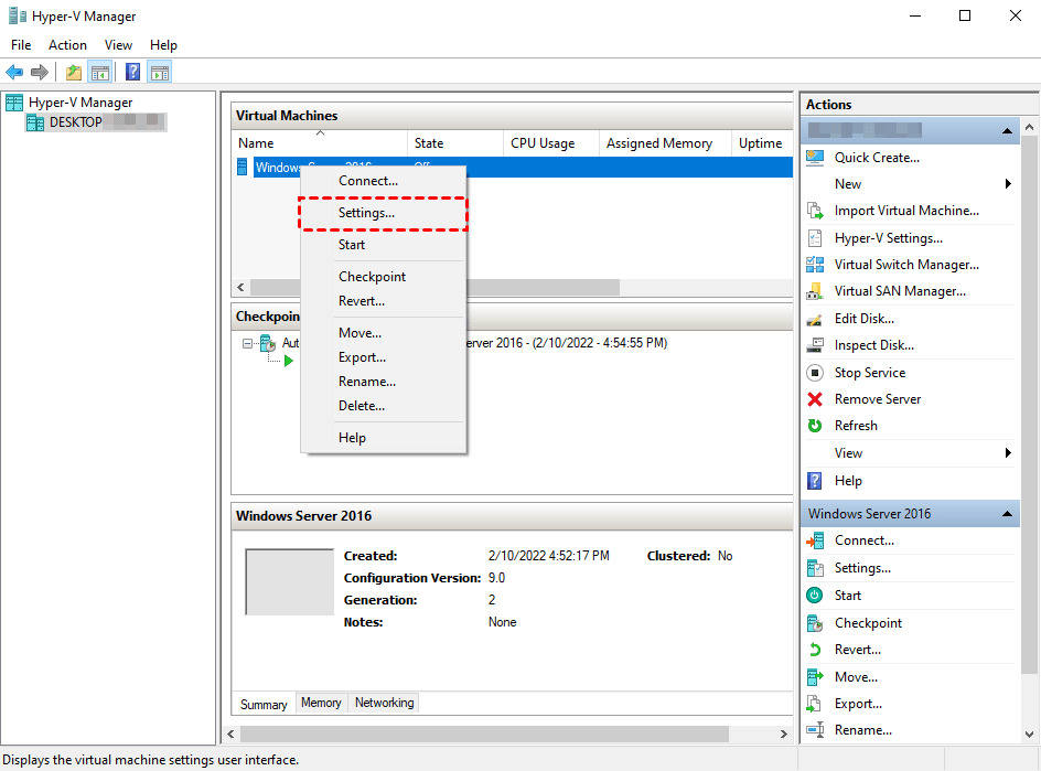  abra as configurações da máquina Hyper-V