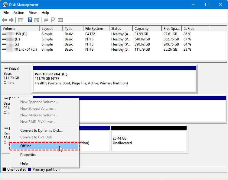  ustaw dysk USB na offline