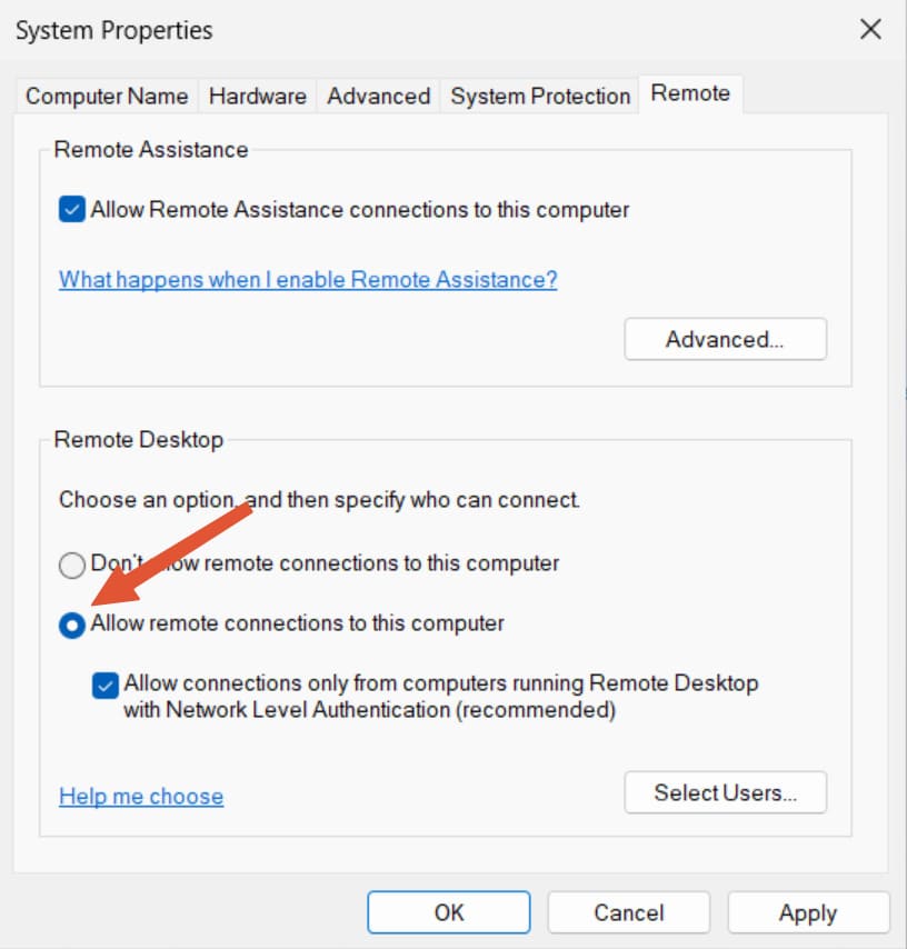  Allow remote connections to this computer and Allow remote assistance connections to this machine boxes checked