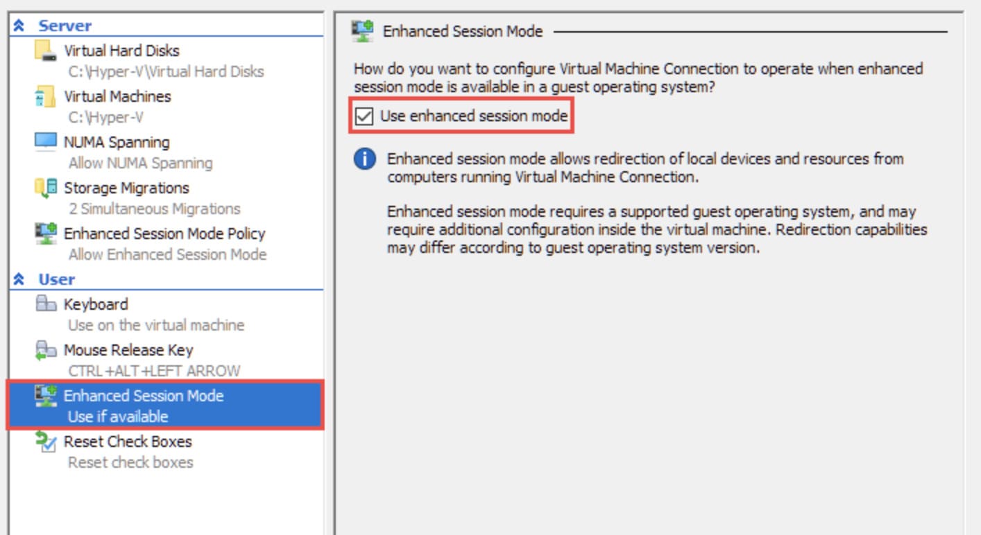Enhanced Session Mode from the User section