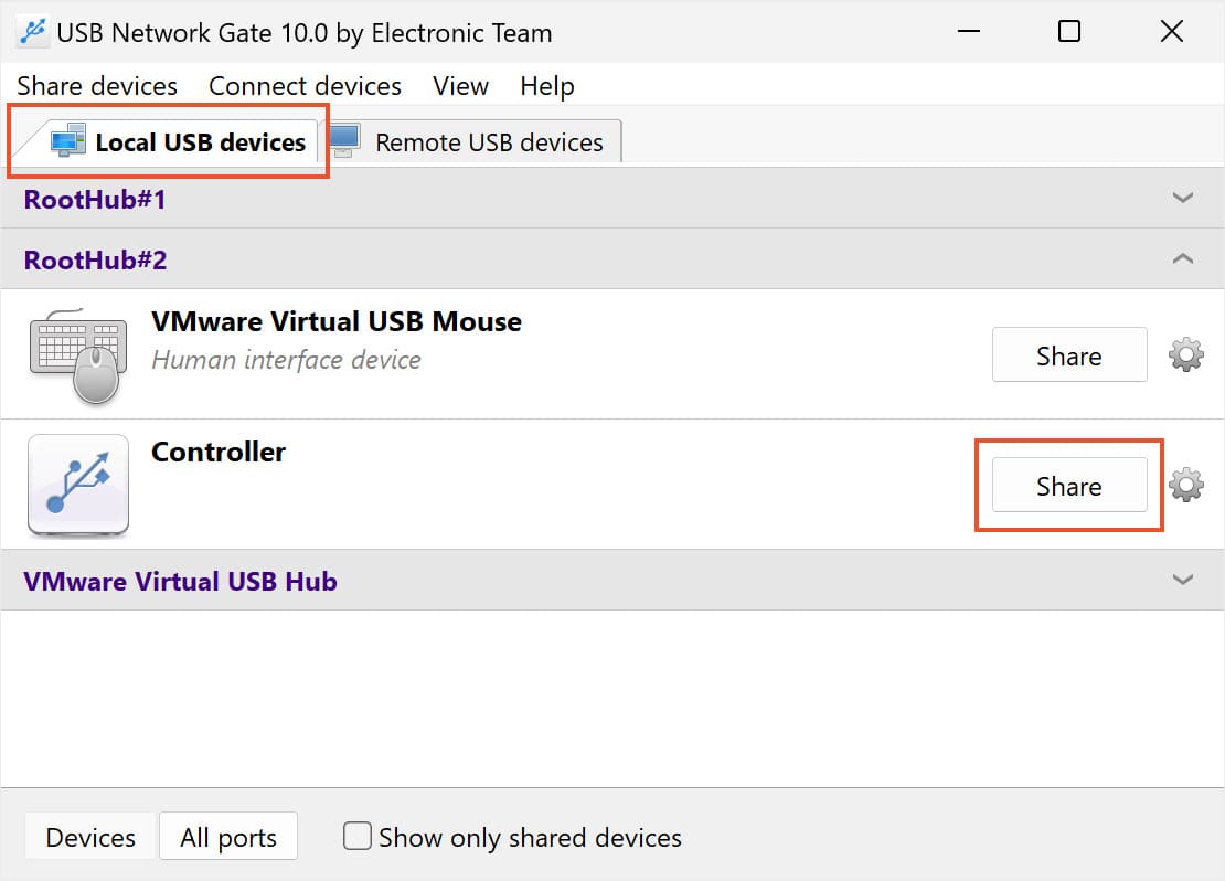  Compartir pestaña de dispositivos USB locales