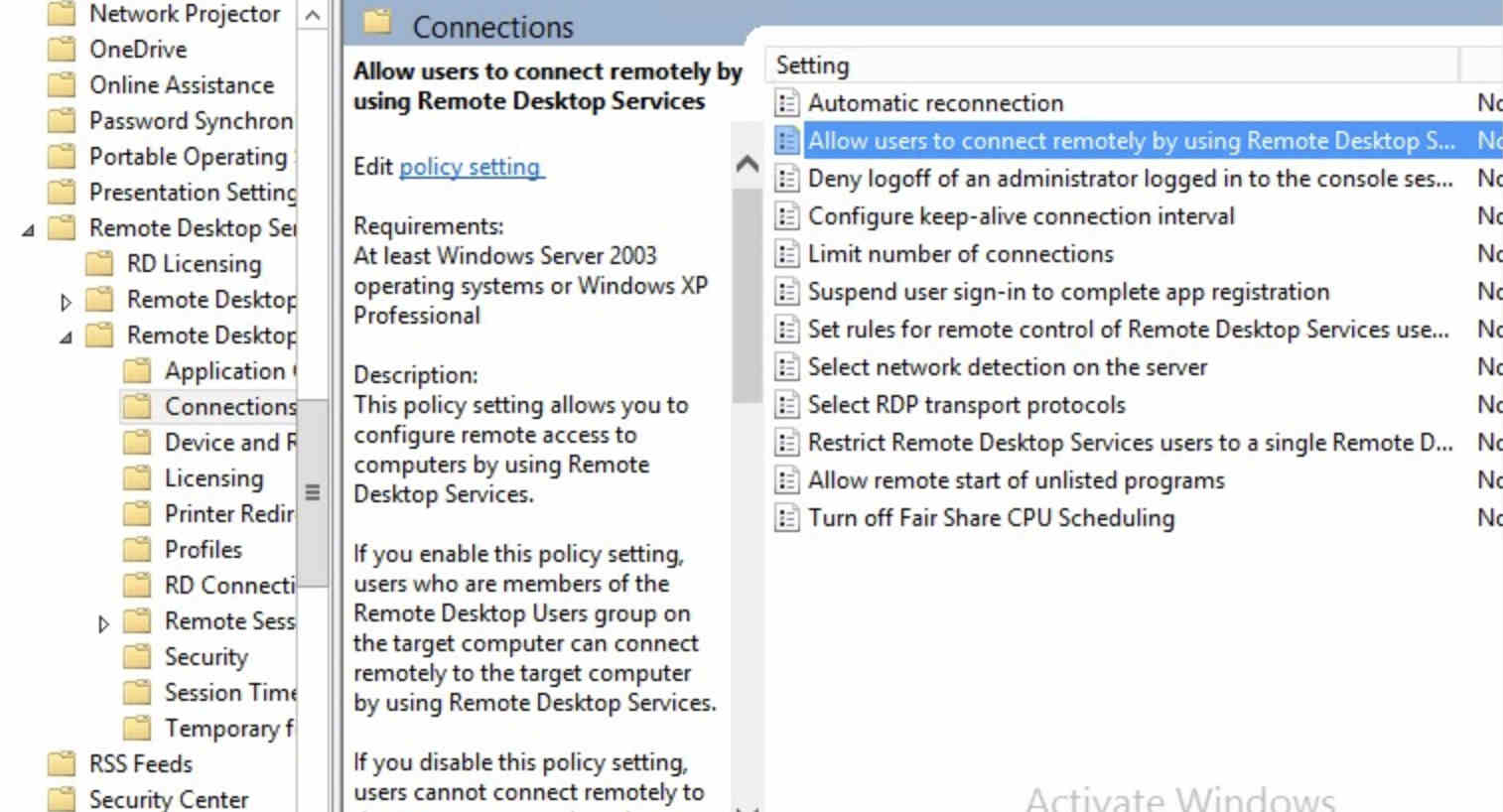 Allow users to connect remotely by using Remote Desktop Services