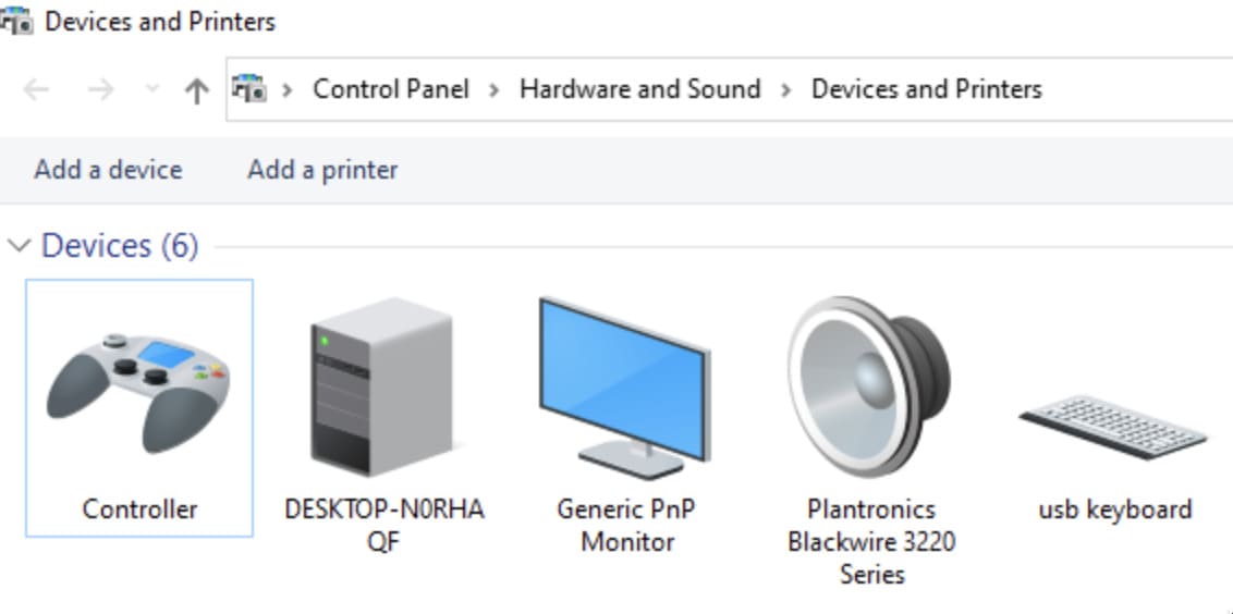 controller in devices and printers control panel