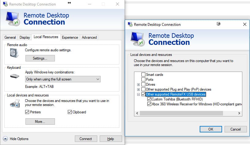 conexión de escritorio remoto Otros dispositivos USB RemoteFX compatibles