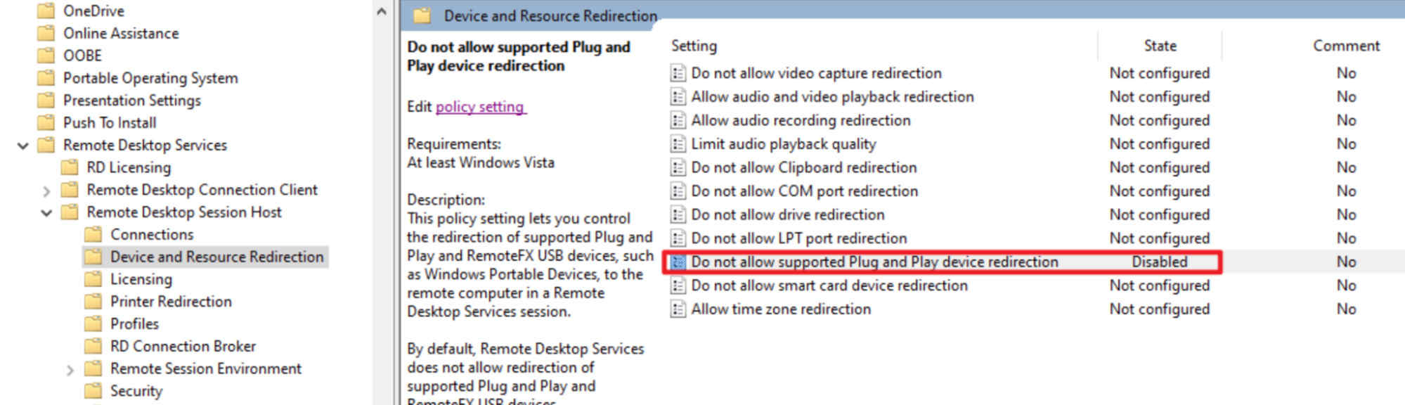 Do not allow supported Plug and Play device redirection