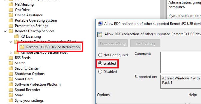 Allow RDP redirection of other supported RemoteFX USB devices from this computer
