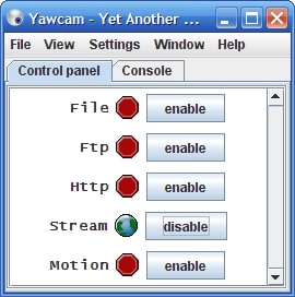 Captura de tela do painel de controle do Yawcam
