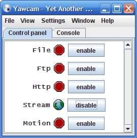 Yawcam kontrolpanel skærmbillede