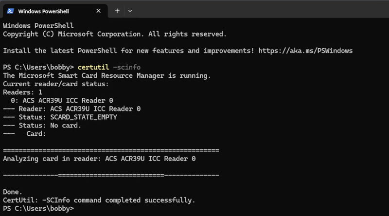 certutil shows that the reader is connected