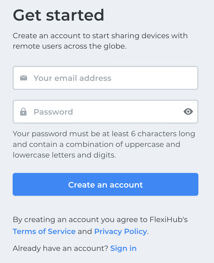 Sign up FlexiHub