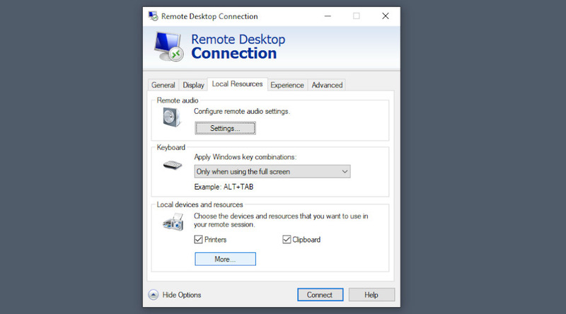 Resource settings in MSTSC