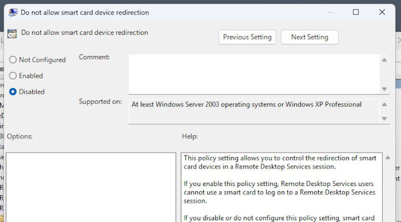 Disabling the policy to allow redirection