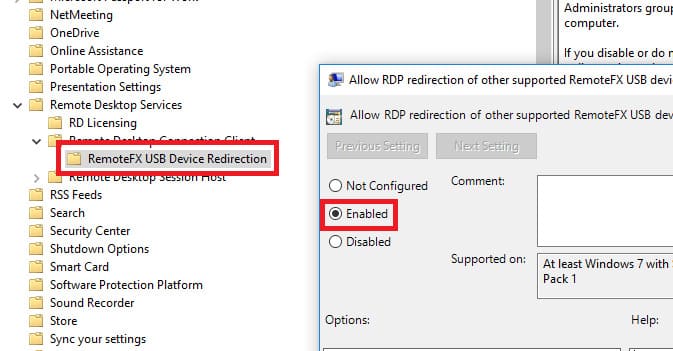 Allow RDP redirection of other supported RemoteFX USB devices from this computer