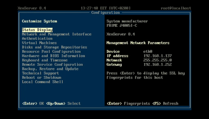 L’écran d’état de l’interface XenServer